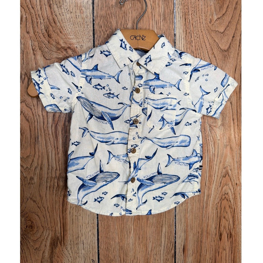 Nautica Toddler Boys 18M Whale Shark Nautical Print Button Down Shirt Blue Cream